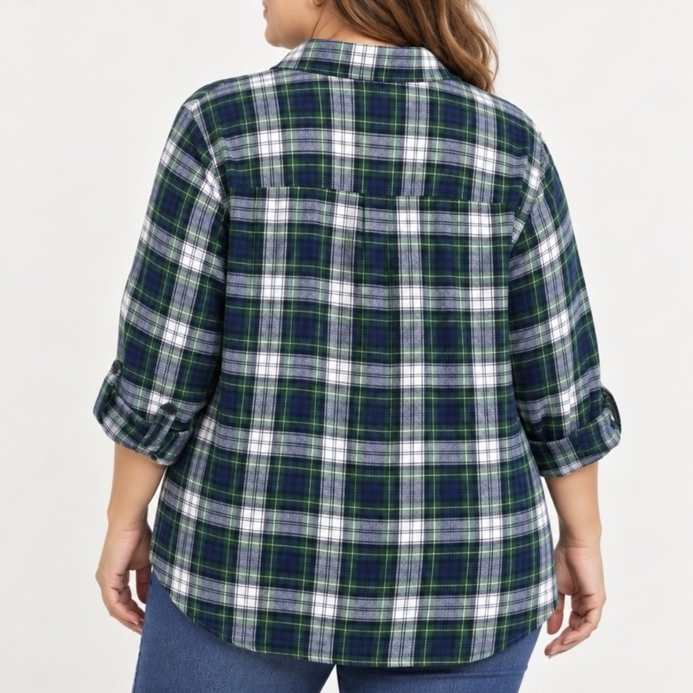 LL Bean Scotch Plaid Cotton Flannel Button Shirt Relaxed Fit 3X Green White - Picture 2 of 11